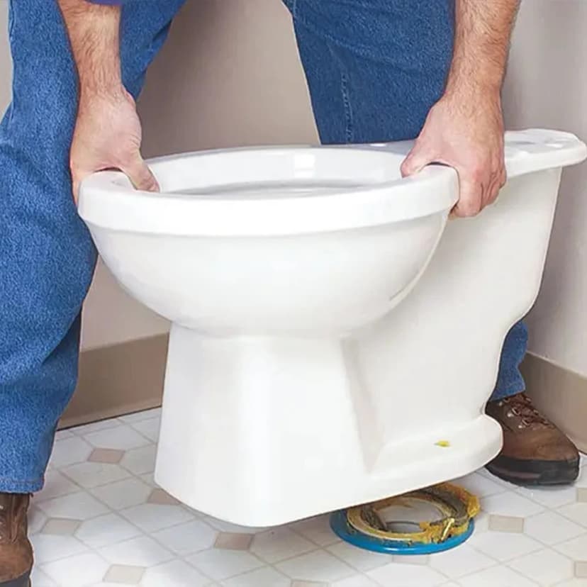 Placing a new toilet bowl onto a fresh wax ring seal during a toilet replacement in Leonard
