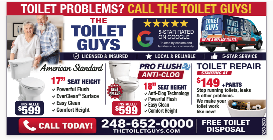 The Toilet Guys coupon: American Standard 17-inch toilet installed for $599, Pro Flush 18-inch toilet installed for $599, and toilet repair starting at $149 plus parts